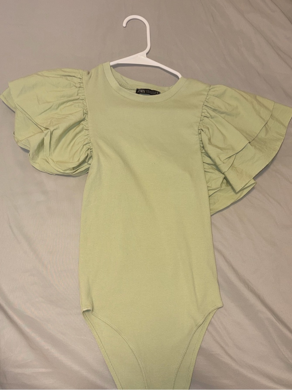 Zara Pale Green Ruffle-Sleeve One-Piece Bodysuit